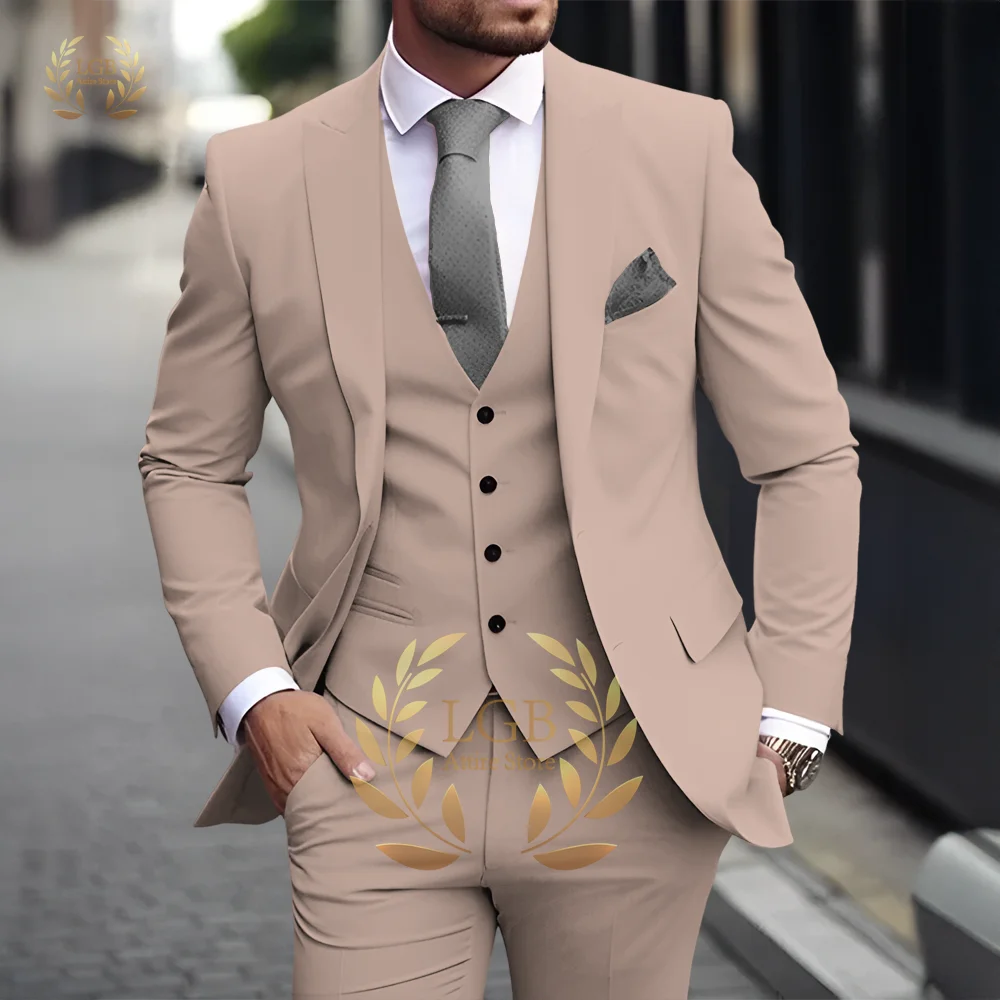 Herren Khaki 3-teiliger Anzug Klassischer spitzer Revers Business Formal Hochzeit Bräutigam Slim Fit Eleganter Gentleman-Stil Mode Blazer