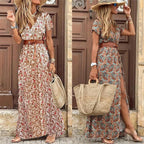 Sommer Bohemian Damen Maxikleid 2024 V-Ausschnitt Kurzarm Geblümt Strand Elegant Vintage Kleid mit Gürtel