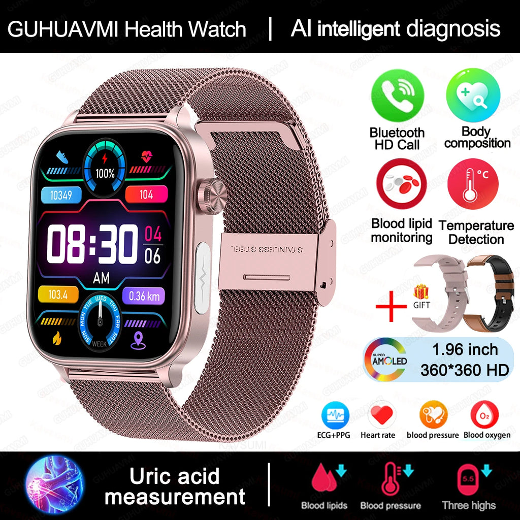 2025 Neue KI-Diagnose Blutfette Harnsäure Körperzusammensetzung Test Smartwatch für Herren EKG+PPG Bluetooth Anruf Gesundheits-Smartwatch