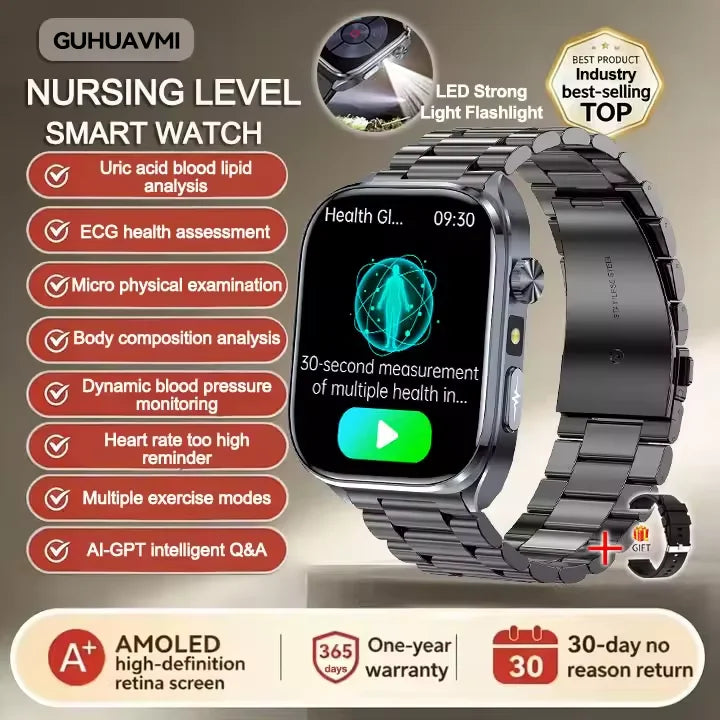 Neue Gesundheitsuhr Harnsäure Blutdruck Blutsauerstoff Körperanalyse Körperfett Smartwatch EKG+PPG Bluetooth Anruf Uhr Frauen Männer