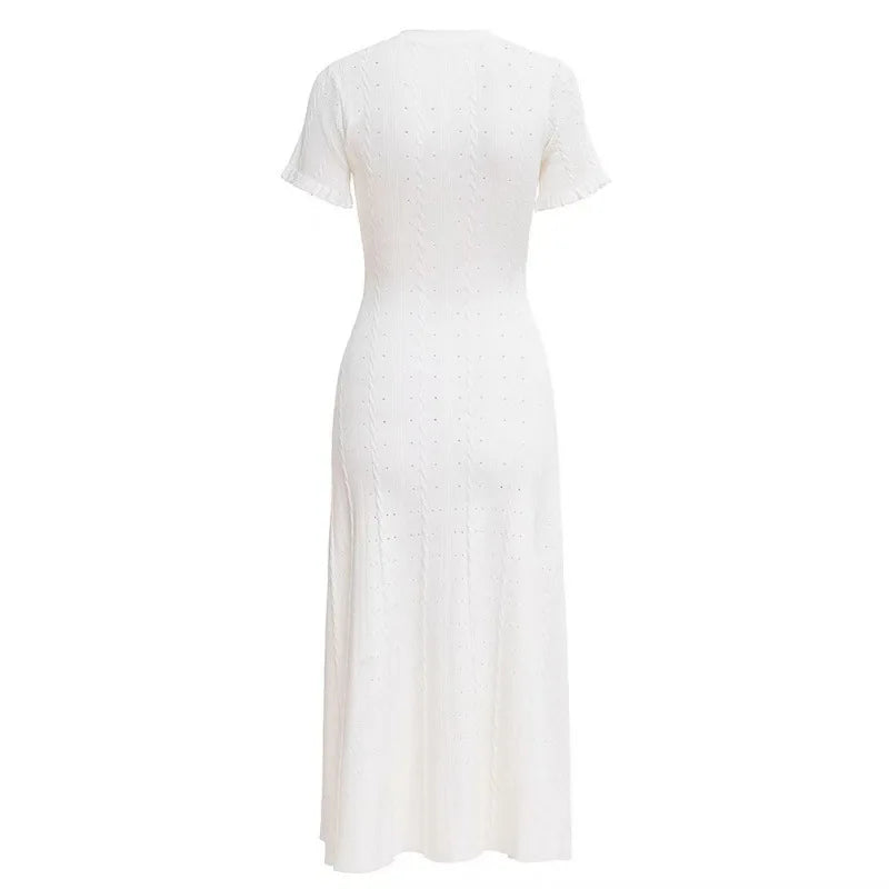 Sommer einfarbig Rundhals Kurzarm Business-Kleid Damen Koreanisch Einreiher Ausgeschnittenes langes Kleid Modetrend