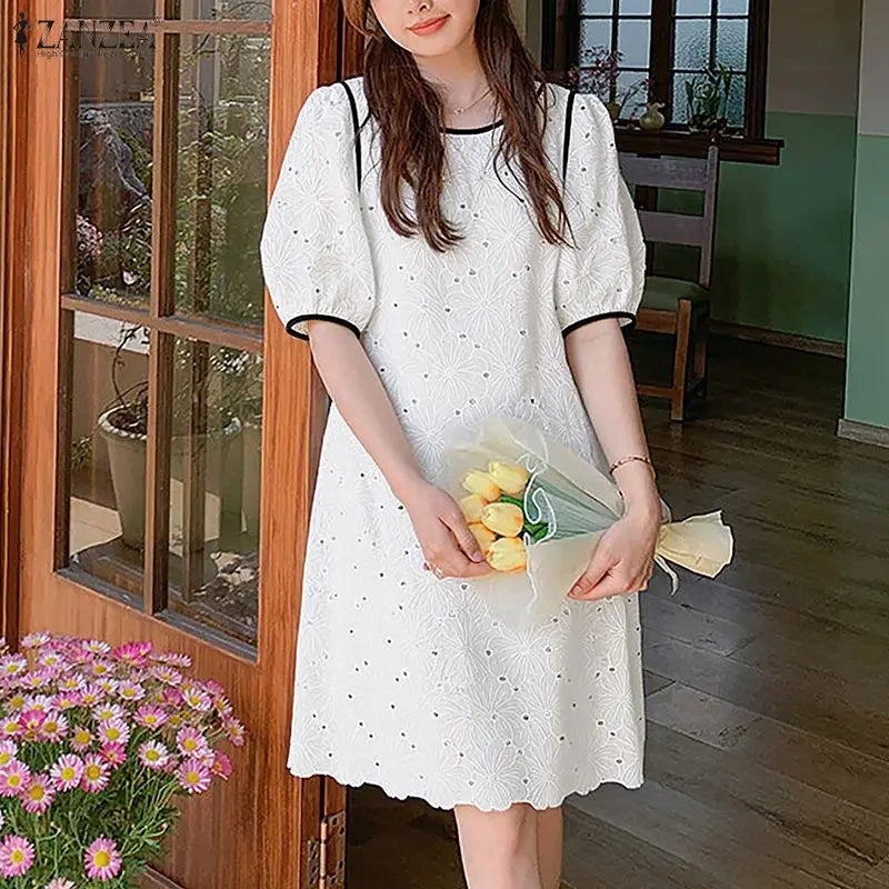ZANZEA Sommerkleider für Damen, Lochstickerei, O-Ausschnitt, halbe Puffärmel, kontrastfarbene Borte, knielanges Kleid, lässige A-Linien-Roben