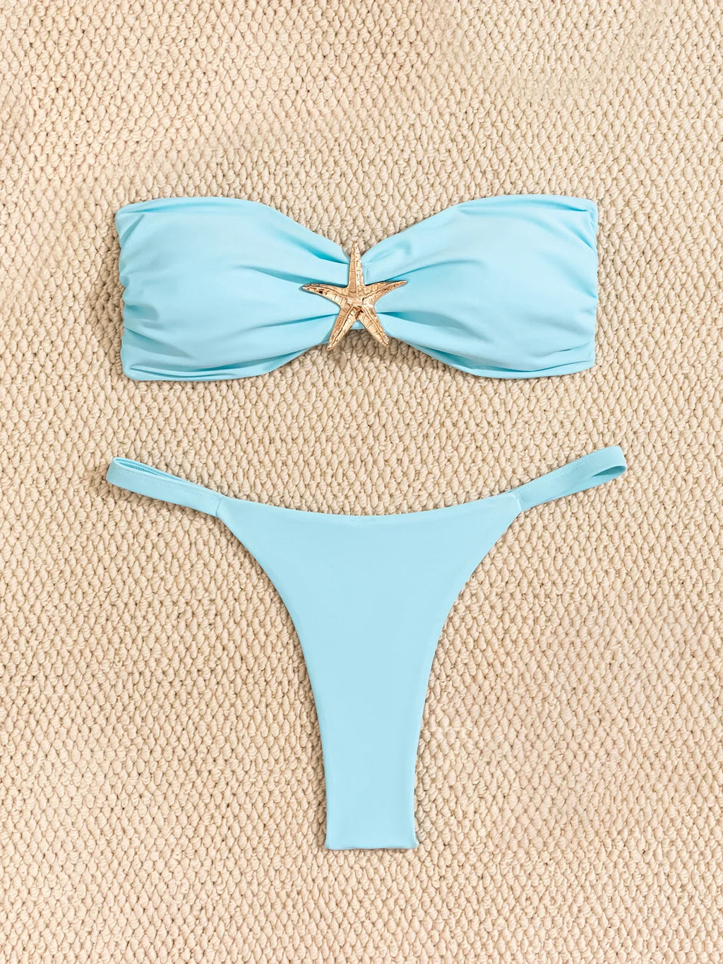 Sexy Bandeau Bikini Set 2026 Damen Himmelblau Seestern Verzierung Push Up String Bikini Brazilian Beach Badeanzug Micro Bademode