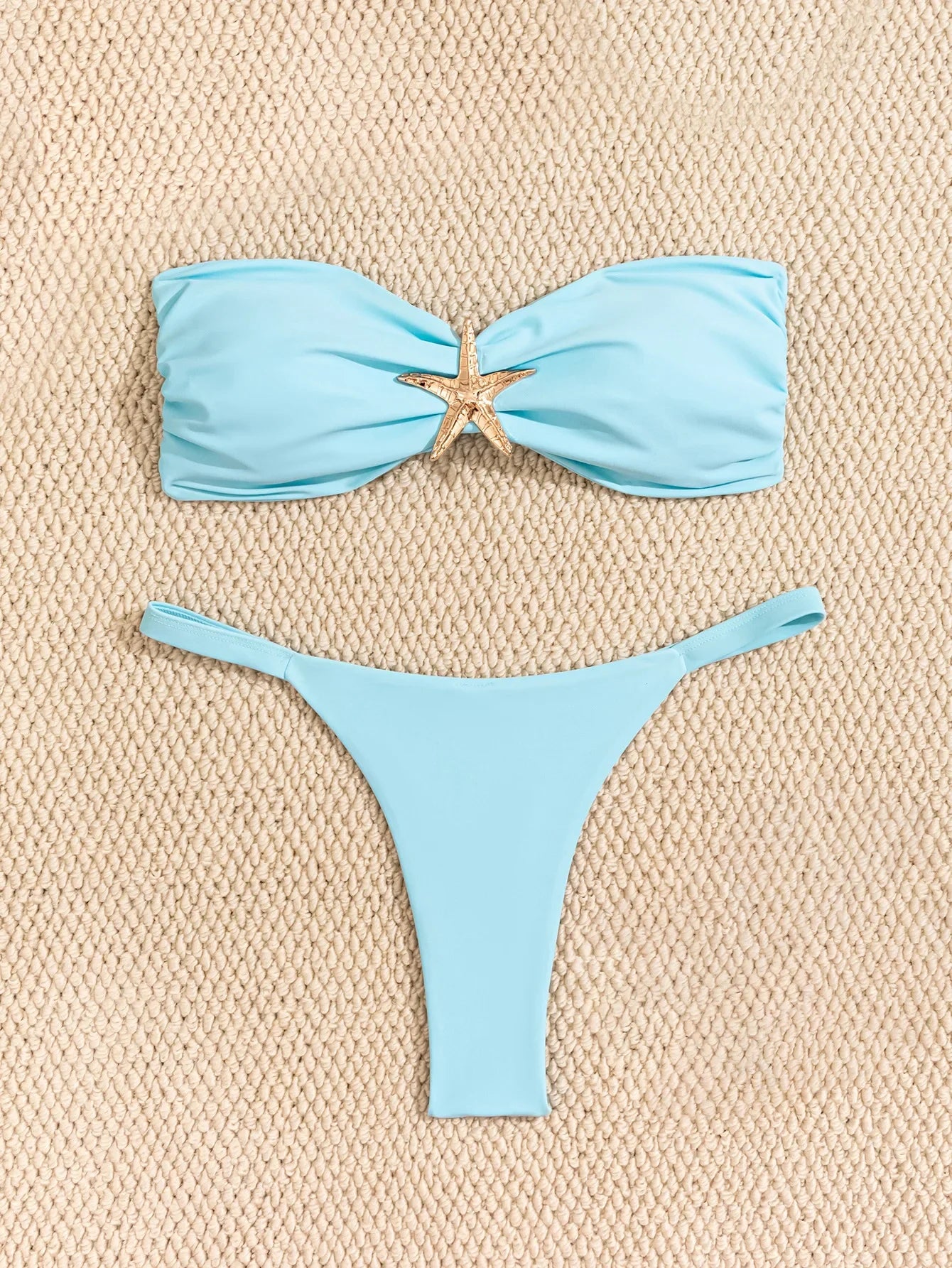Sexy Bandeau Bikini Set 2026 Damen Himmelblau Seestern Verzierung Push Up String Bikini Brazilian Beach Badeanzug Micro Bademode