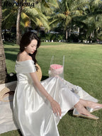 Horetong Bow Slash Neck Sexy Dress Sommer Damen Weiß Feenhaft Elegant A-Linie Midi Kleider Weiblich Party Abschlussball Kleidung Vestdios