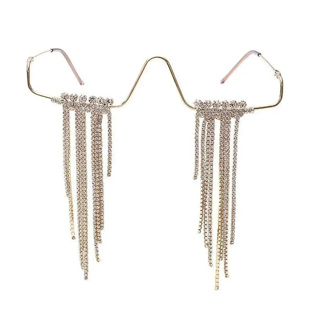 Mode Quaste Halbrahmen-Metallbrille für Frauen Kristall Gesichts-Kette Schmuck Brillen Kpop Make-up Strass-Accessoire Ohne Gläser
