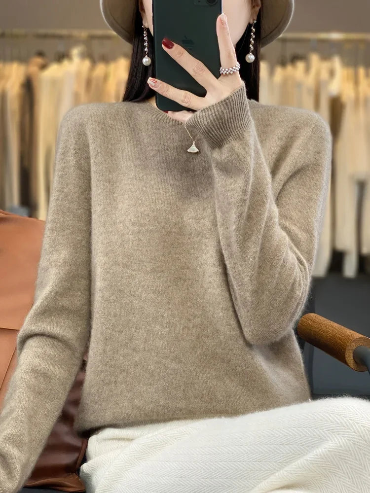 100 % Merinowolle Pullover Damen O-Ausschnitt Kaschmir Strickwaren Female Pullover Herbst Winter Freizeit Oberteile Einfarbig Weiche Kleidung