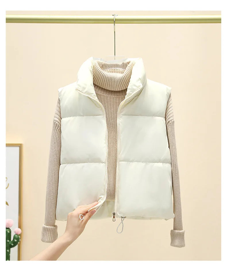 Winter Kurze Daunen Weste Damen Warmer Stehkragen Reißverschluss Jacke Freizeit Mode Gesteppte Cropped Mäntel Street Outerwear