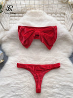 SINGREINY Weihnachten Erotische Dessous Anzüge Damen Trägerlos Eng Anliegend Kurze Nachtwäsche Mode Samt Schleife Sinnliche Unterwäsche Sets