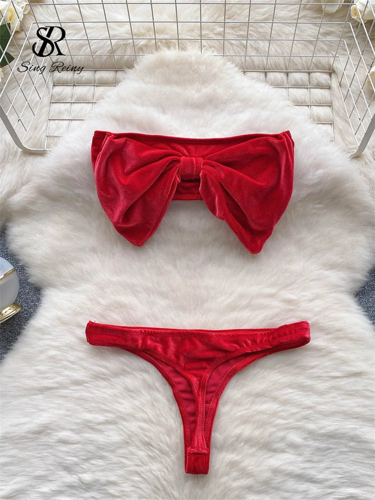 SINGREINY Weihnachten Erotische Dessous Anzüge Damen Trägerlos Eng Anliegend Kurze Nachtwäsche Mode Samt Schleife Sinnliche Unterwäsche Sets Hauptbild