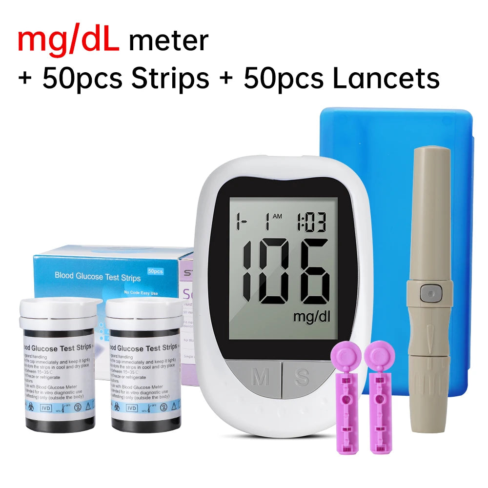 Medizinischer Blutzuckermesser 50 Blutzuckerteststreifen Lanzetten Blutzuckermessgerät Kit Zuckermonitor Glucometro für Diabetes mmol/L oder mg/dL