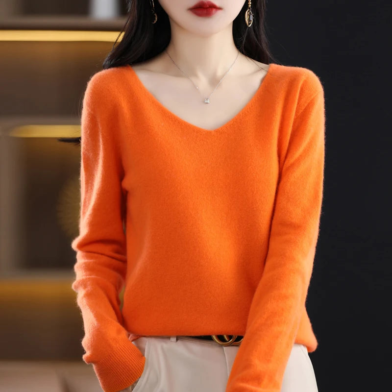 Damen 100% Merinowolle Pullover V-Ausschnitt Basic Pulli Herbst Winter Kaschmir Kleidung Langarm Weiche Strickware Oberteile Unifarben
