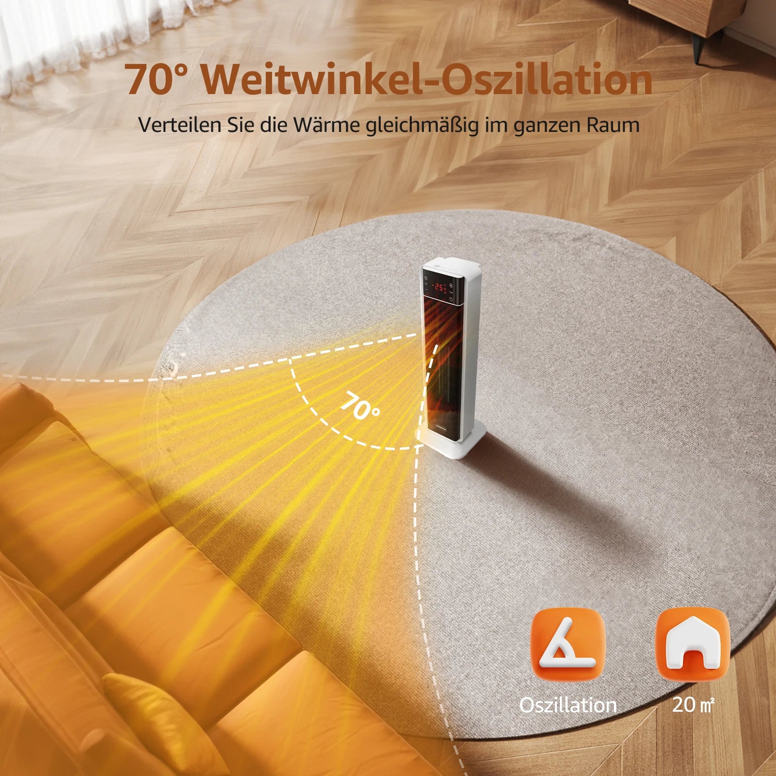 Aigostar Energiespar-Heizlüfter mit Thermostat, 2000W PTC Keramik-Heizlüfter mit Fernbedienung, 70° Oszillation, 4 Modi