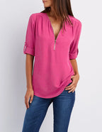 2024 Qualität Heißer Verkauf Plus Size Tiefer V-Ausschnitt Damenbluse Chiffon Coole lockere Hemd Mode Freizeit Damen Tops Sexy Reißverschluss Pullover