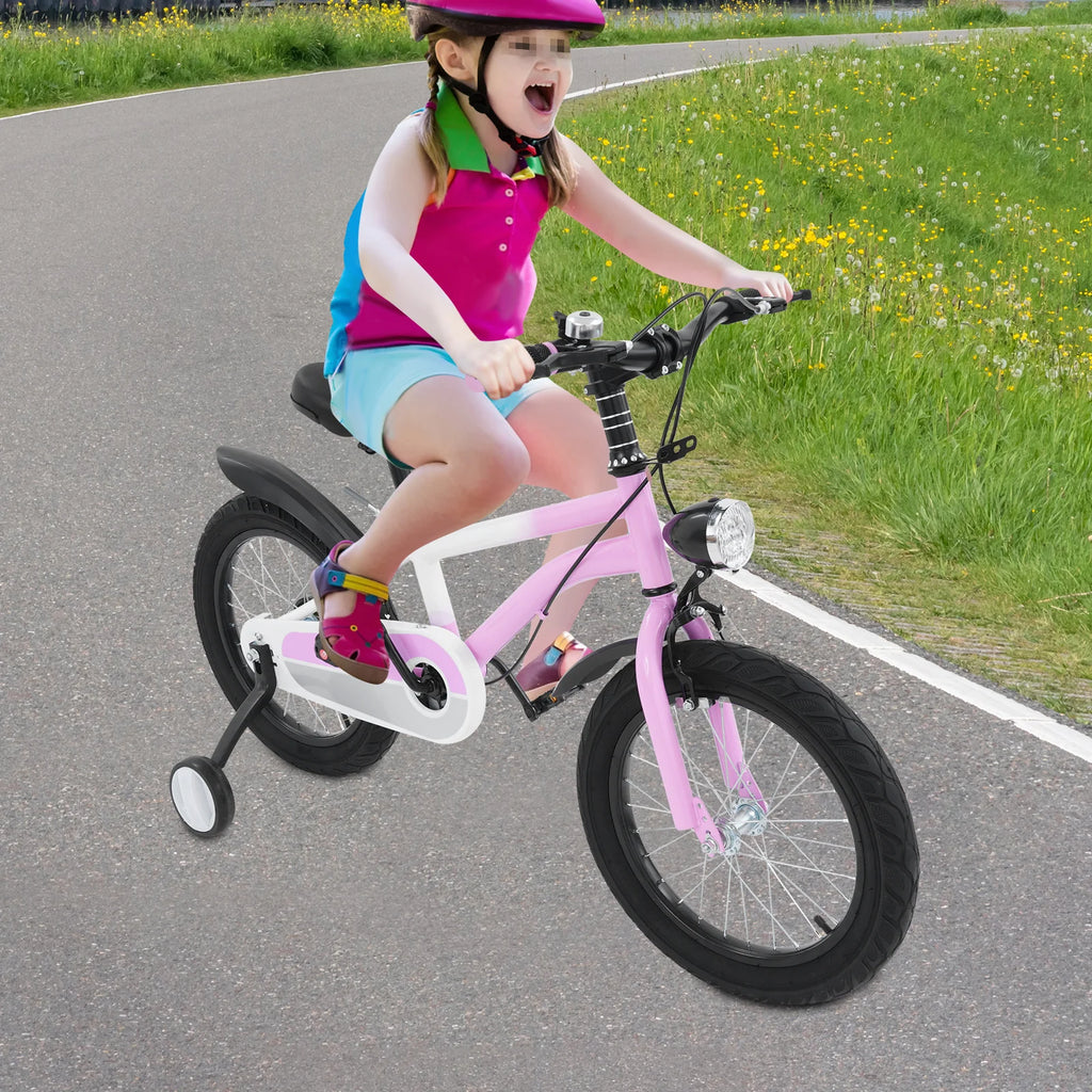 16 Zoll Kinderfahrrad Carbonstahl Mountainbike mit Stützrädern & LED-Licht für 5-8 Jahre, Höhenverstellbar, 60kg