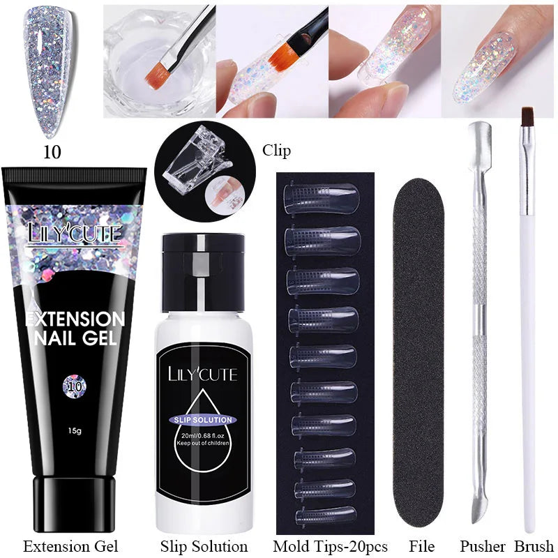 LILYCUTE 15ml Verlängerungsgel-Nagellack-Set Quick Nail Prolong mit Verlängerungsform-Nagelspitzen Acryl-Lösung Maniküre-Werkzeug-Kit