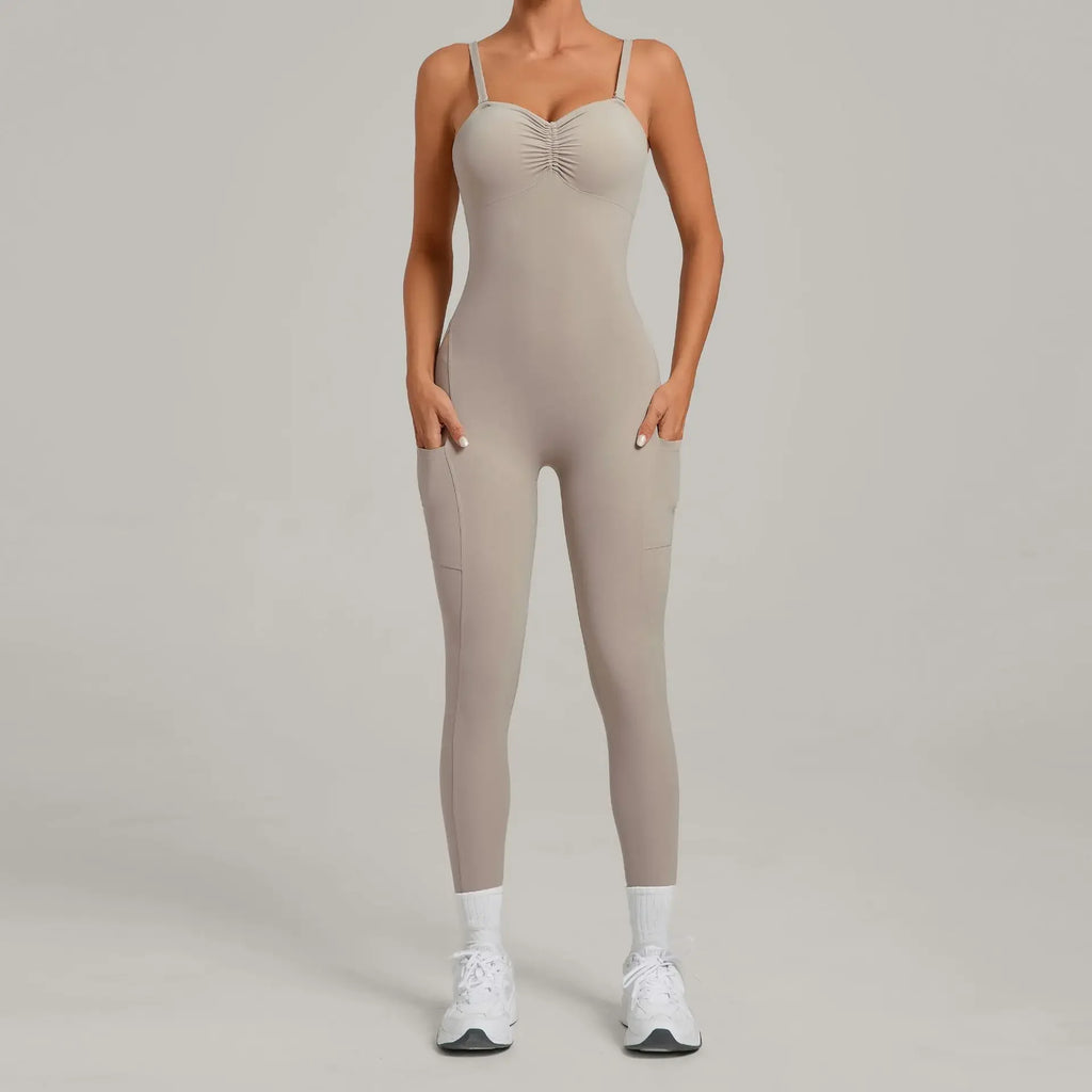 Damen Yoga Jumpsuits Sport Fitness Einteiler Schönheits-Rückengurt Tasche Hüfthebend Slim Fit Laufen Workout Training Bodysuit