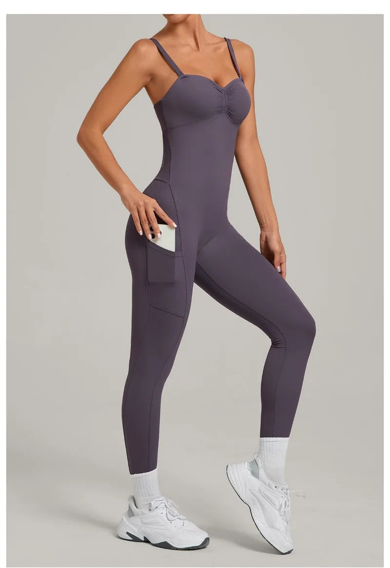 Damen Yoga Jumpsuits Sport Fitness Einteiler Schönheits-Rückengurt Tasche Hüfthebend Slim Fit Laufen Workout Training Bodysuit