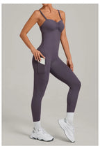 Damen Yoga Jumpsuits Sport Fitness Einteiler Schönheits-Rückengurt Tasche Hüfthebend Slim Fit Laufen Workout Training Bodysuit
