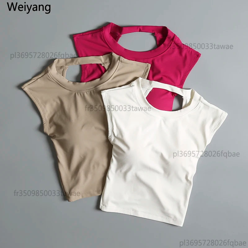 Sexy rückenfreie Sportweste Damen mit fixiertem Brustpolster Eng anliegend Schnell trocknend Schmale Passform Yoga Top Atmungsaktives Fitness-Shirt Hauptbild