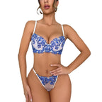 Blaues Dessous-Set Spitze Stickerei BH Panty 2-teilig Transparenter Tüll Fantasy Unterwäsche für Damen