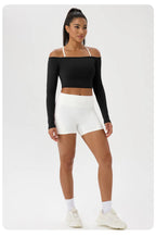 Yoga Langarm T-Shirt Damen Ein-Schulter Sexy Eng Anliegende Fitness-Oberteile Nude-Feel Schnelltrocknendes Sport Langarm Yoga Shirts