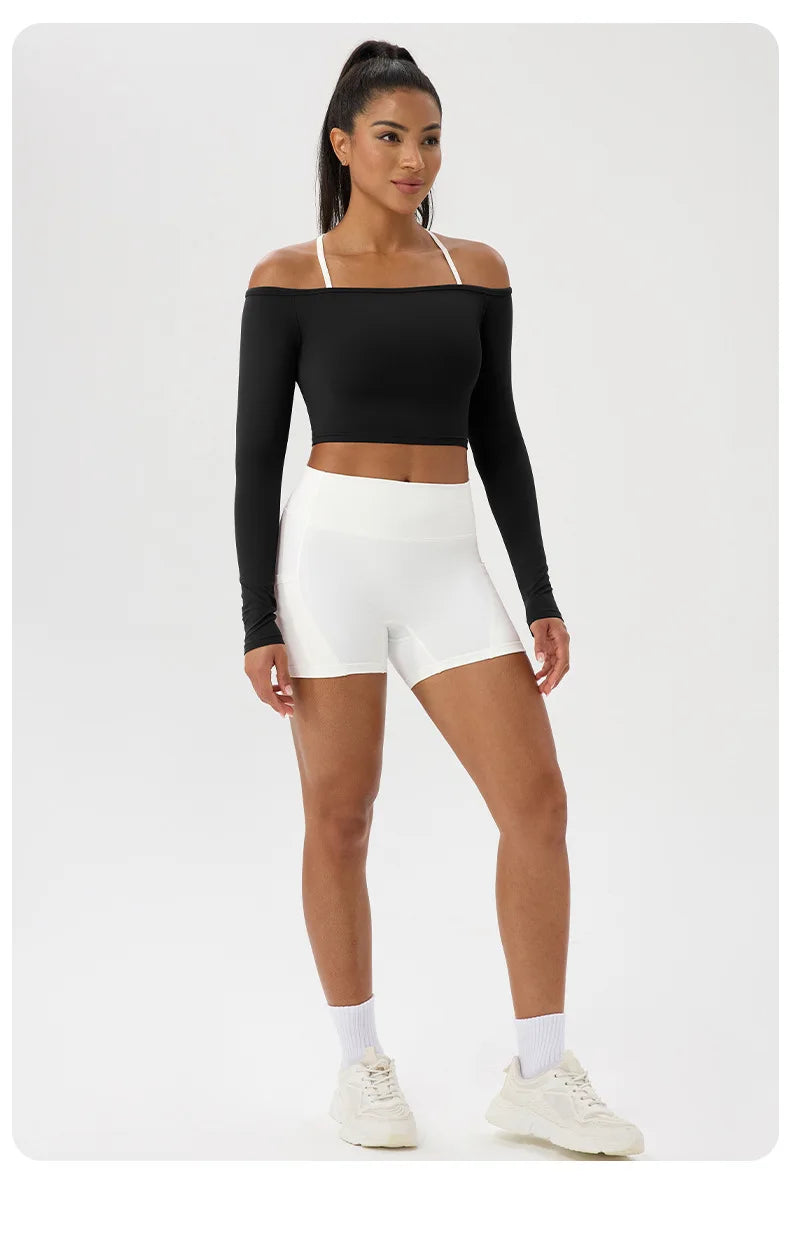 Yoga Langarm T-Shirt Damen Ein-Schulter Sexy Eng Anliegende Fitness-Oberteile Nude-Feel Schnelltrocknendes Sport Langarm Yoga Shirts
