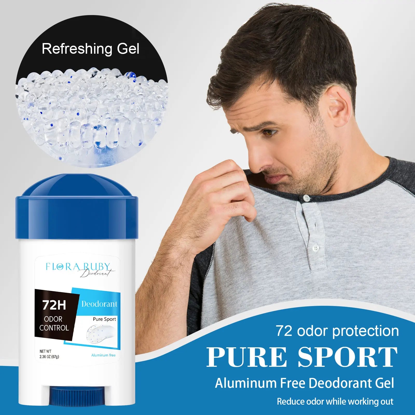 72-Hour Long-Lasting Deodorant Men，Aluminum-Free Fresh Scent，Pure Sport for Gym & Workout，Underarm Odor Body Remove，No Stains Main image