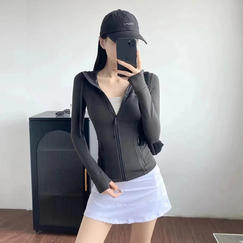 Damen Kapuzen-Sportanzug für Outdoor, Laufen, Fitness und Yoga, atmungsaktiv, lange Ärmel, Strickjacke