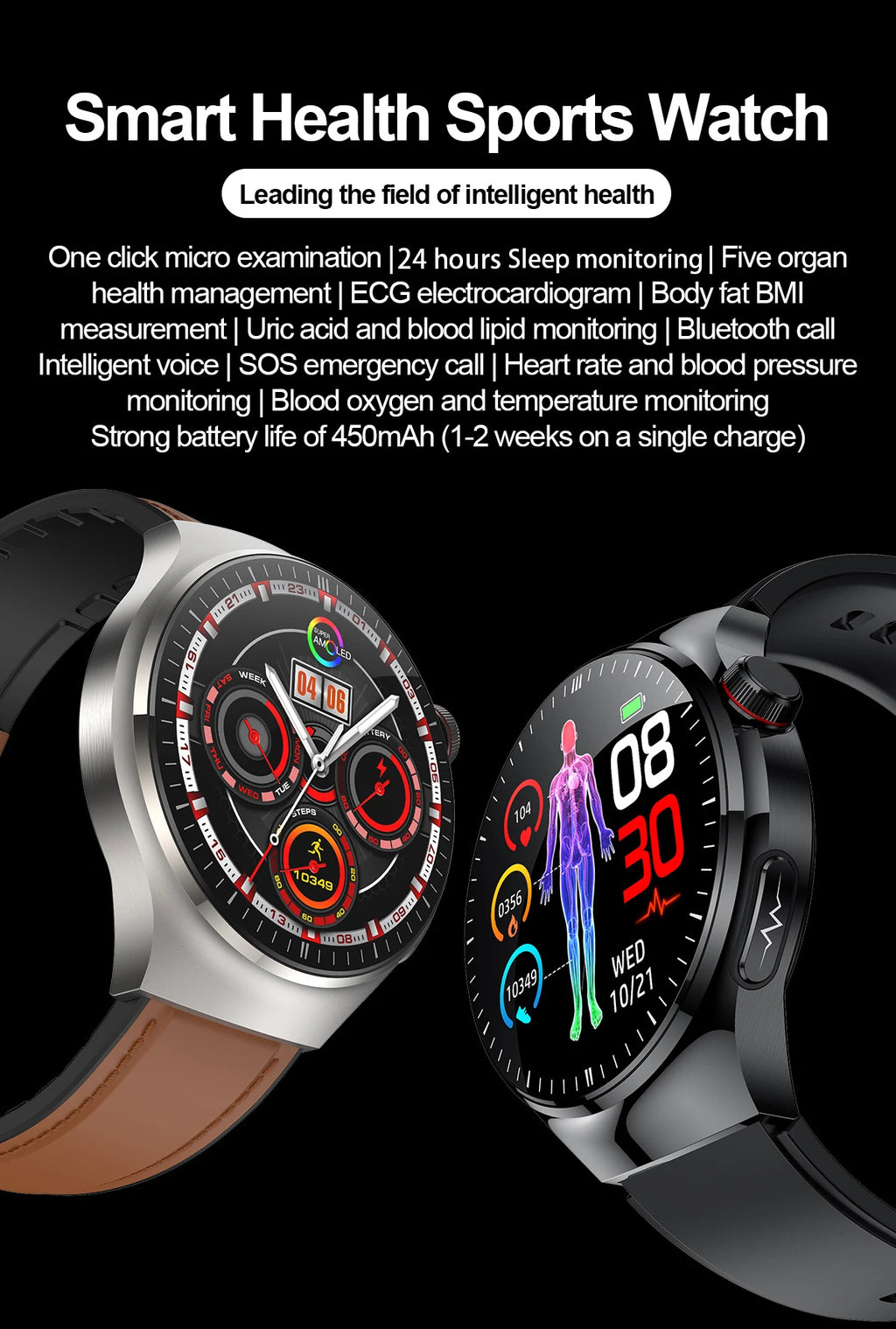 2025 Neue Smartwatch für die Krankenpflege: Blutsauerstoff, Blutfett, Harnsäure, EKG+PPG, Körpertemperatur, Bluetooth-Anruf, Gesundheits-Smartwatch