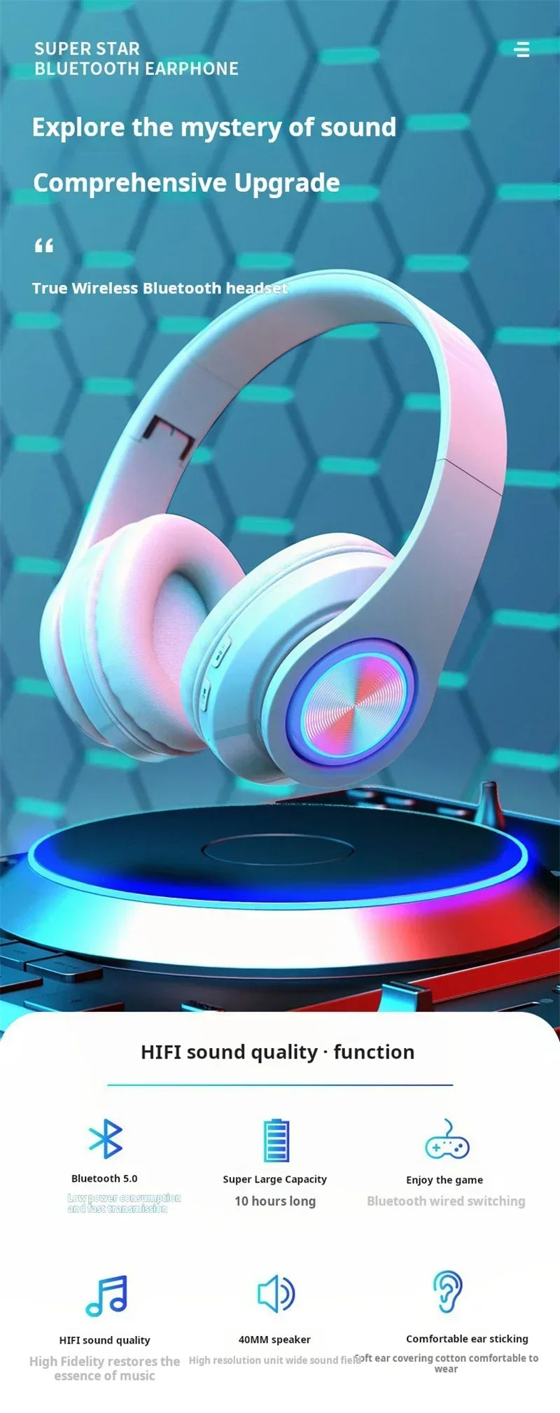 Headsets Gamer Kopfhörer Bluetooth Surround Sound Stereo Kabelloser Kopfhörer USB mit Mikrofon Buntes Licht PC Laptop Headset