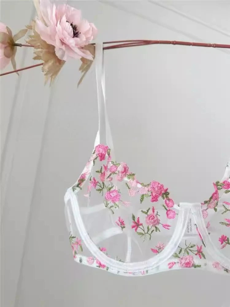 YUQI Französisches Luxus-Dessous-Set – sexy BH- und Höschen-Set mit floraler Stickerei in Schwarz, durchsichtige, transparente, verführerische Damen-Unterwäsche