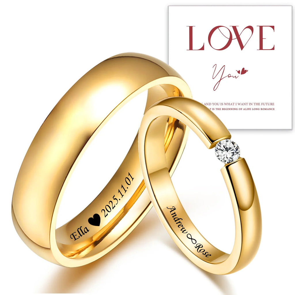 Personalisierte Paarringe als Geschenk mit Karte für Frauen und Männer, PVD-vergoldete Namensringe, Liebesschmuck, Eheringe, individuelle Namensringe, Hochzeitsgeschenke