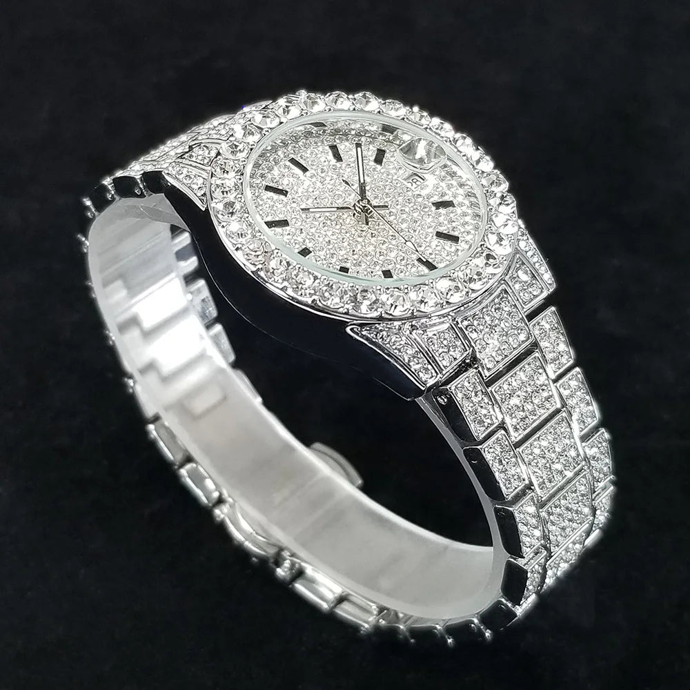 Elegante Diamantenuhren Damen Mode Silber Rund Edelstahl Quarzuhr Iced Out Glänzend Wasserdichte Uhr Geschenk für Frauen