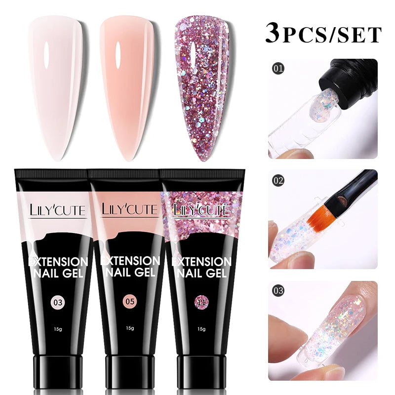 LILYCUTE 15ml Verlängerungsgel-Nagellack-Set Quick Nail Prolong mit Verlängerungsform-Nagelspitzen Acryl-Lösung Maniküre-Werkzeug-Kit