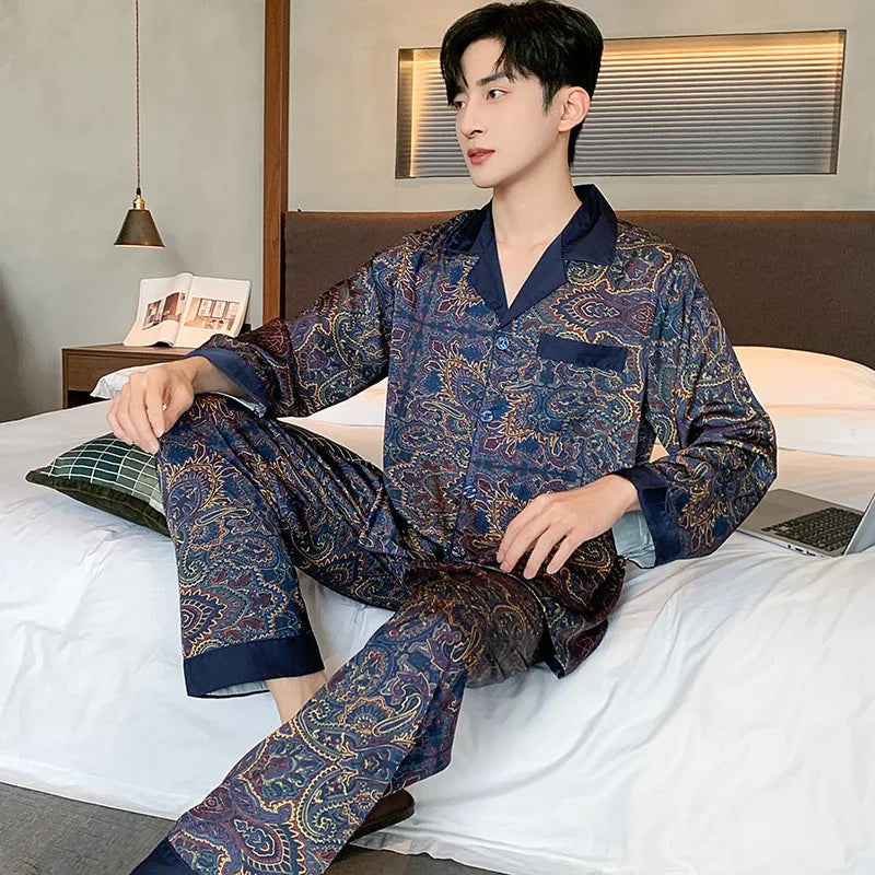 Hochwertiger Pyjama-Anzug Herren Sommer Kurzarm Shorts Eisseide Nachtwäsche Herren Sommer Große Größe Einfaches Freizeit-Loungewear-Set