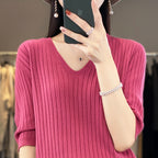 Damen Pullover Frühling Sommer Kurzarm V-Ausschnitt Strickshirt Lässige koreanische Pullover Gestreiftes Unterziehshirt Slim Fit Pullover