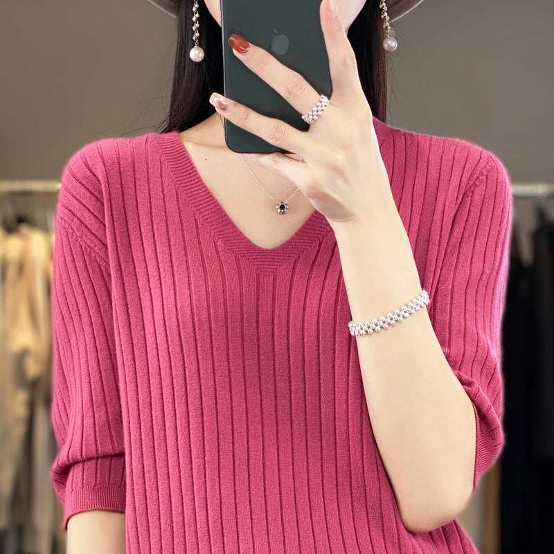 Damen Pullover Frühling Sommer Kurzarm V-Ausschnitt Strickshirt Lässige koreanische Pullover Gestreiftes Unterziehshirt Slim Fit Pullover
