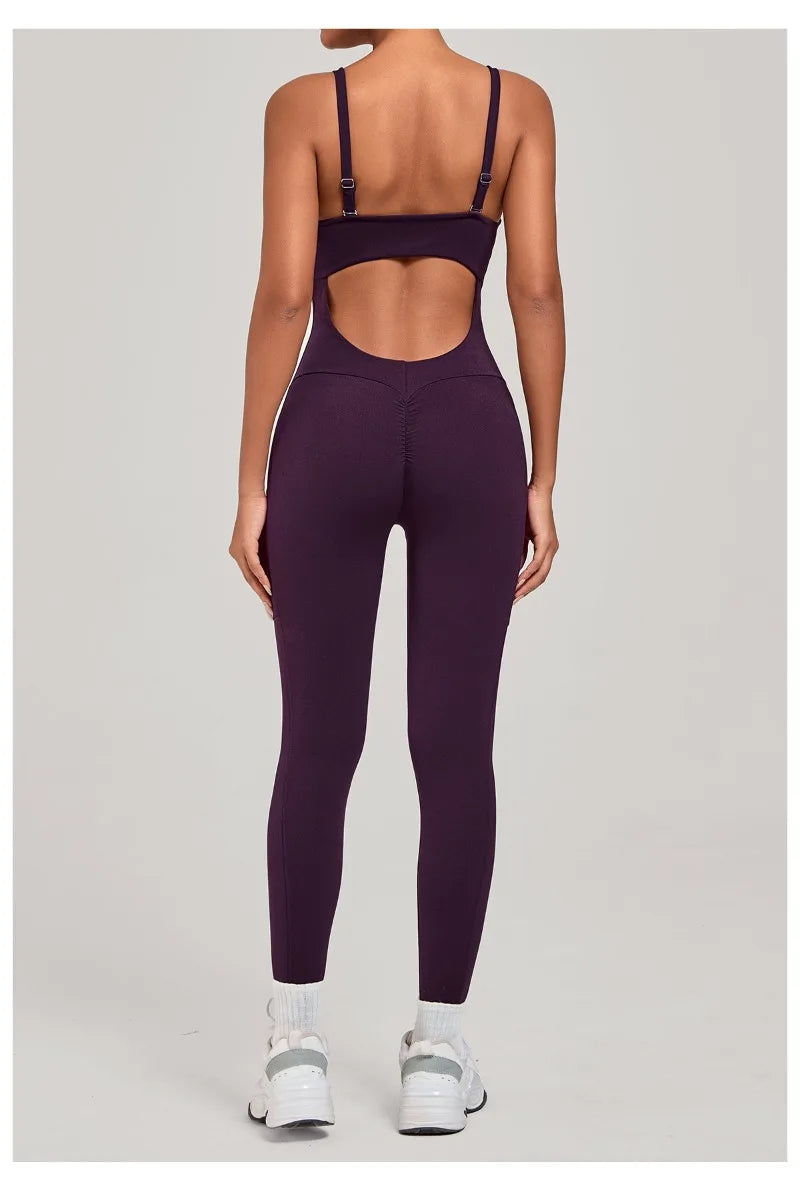 Damen Yoga Jumpsuits Sport Fitness Einteiler Schönheits-Rückengurt Tasche Hüfthebend Slim Fit Laufen Workout Training Bodysuit