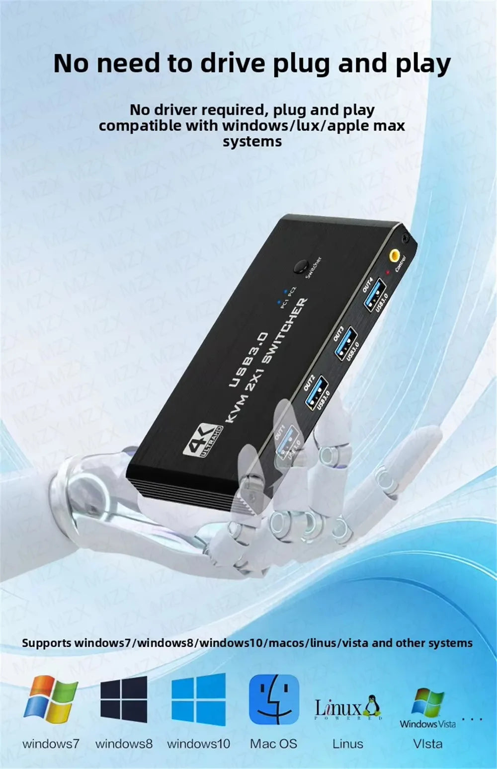 MZX KVM Switch Switcher 4K 60Hz HD4K 2.0 Splitter USB 3.0 Hub Docking Station Dock 2 Computers PC Sharing Keyboard Mouse Printer