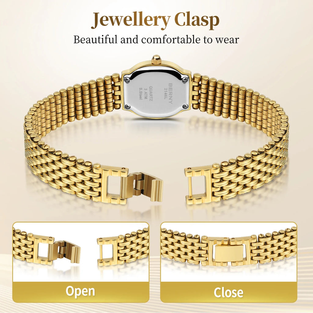 BERNY Gold Women's Watch Luxury Small Dial Ladies Gold Watch Jewelry Bracelet Quartz Lady Watch Stylish Fashion Women Watches