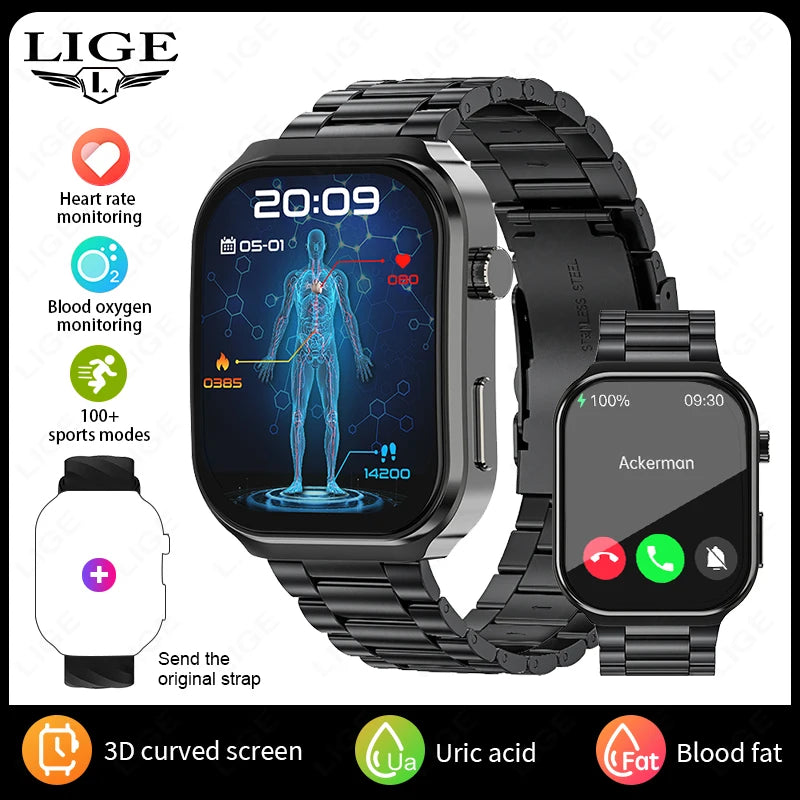LIGE 2026 Neue KI-Gesundheitsdiagnose Smartwatch Blutfett Harnsäure Bluetooth-Anruf Blutdruck Gesundheits-Smartwatch Herren Damen
