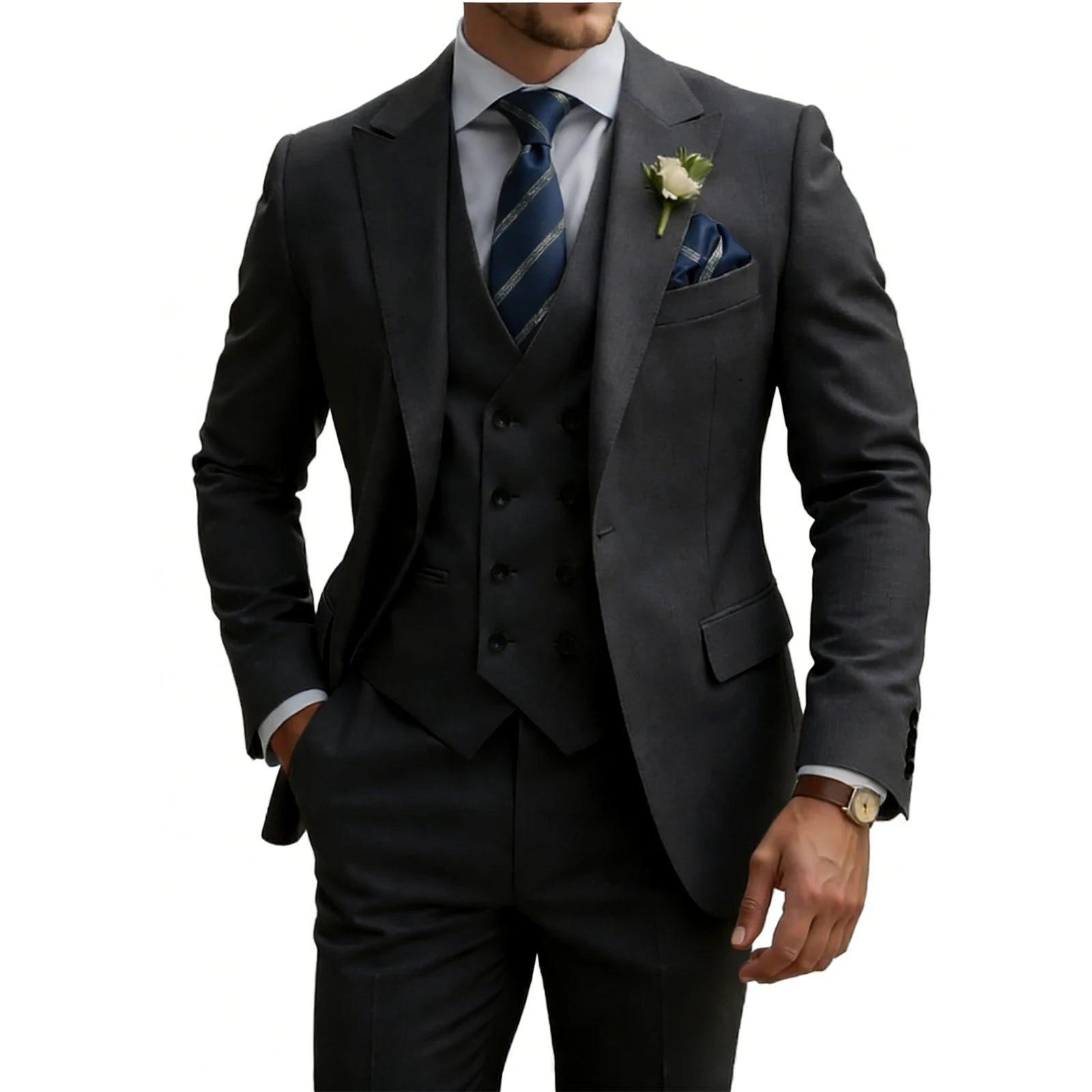 Herren 3-teiliger Slim Fit Anzug für Herren Zweireiher Hochzeits- Abschlussballanzug Formeller Business-Dinner-Smoking