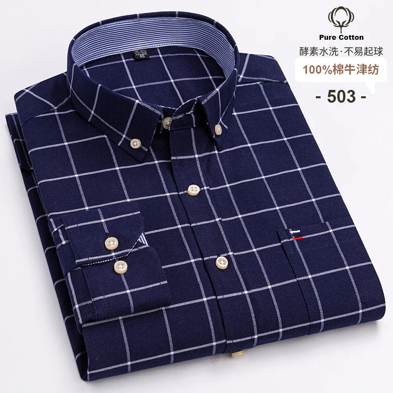 100 % Baumwolle Oxford Herrenhemden Langarm Kariert Weich Regular Fit Festliches Hemd Tasche Sozial Bluse Herrenkleidung S-7XL