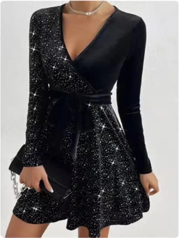 Damen V-Ausschnitt Sexy Langarm Pailletten Einfarbiges Kleid High Street Fashion Elegante Party Abendkleider