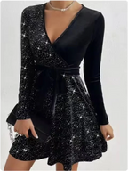 Damen V-Ausschnitt Sexy Langarm Pailletten Einfarbiges Kleid High Street Fashion Elegante Party Abendkleider