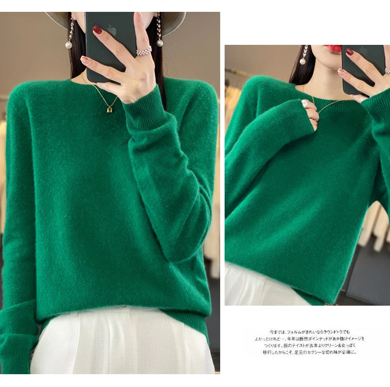 100 % Merinowolle Pullover Damen O-Ausschnitt Kaschmir Strickwaren Female Pullover Herbst Winter Freizeit Oberteile Einfarbig Weiche Kleidung