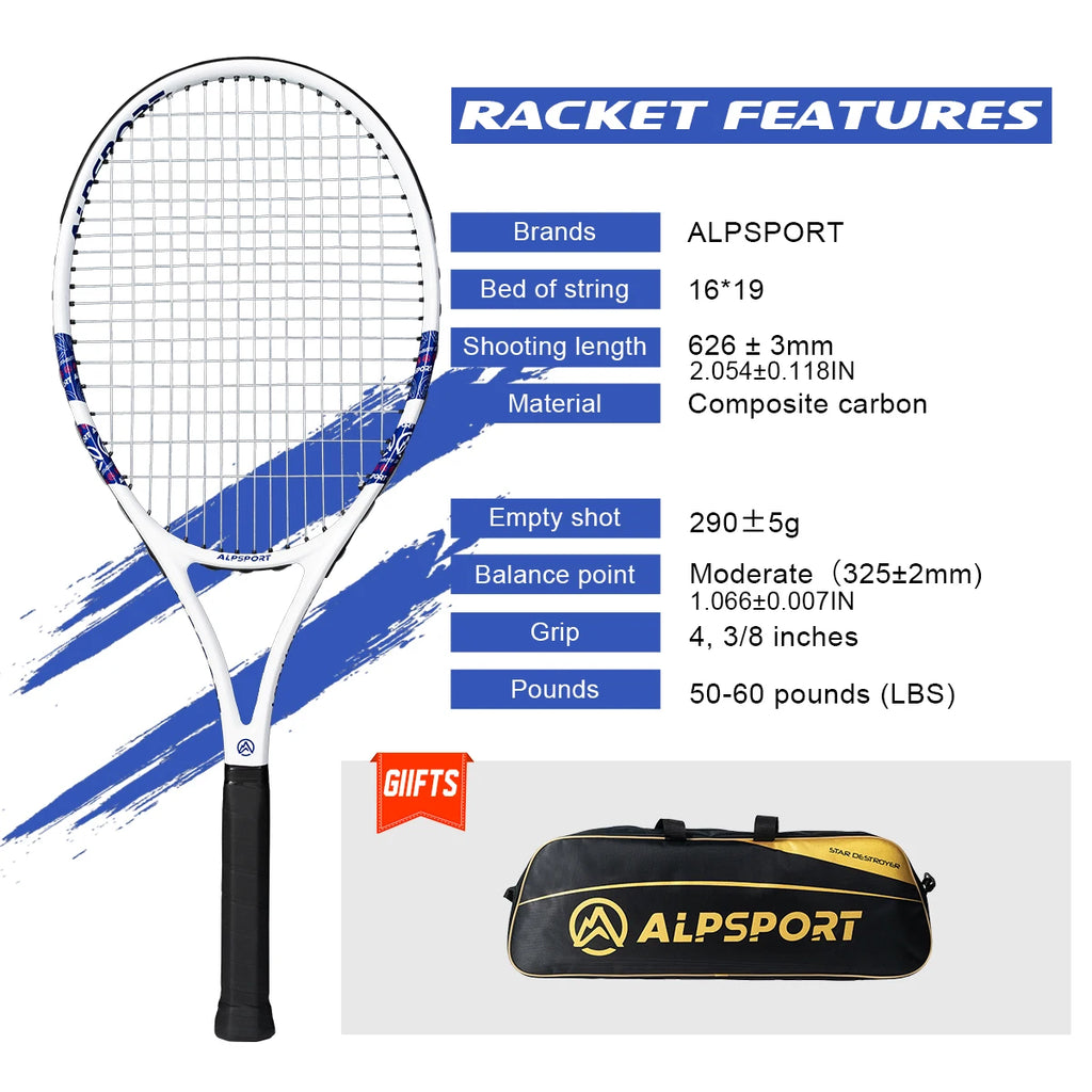 ALPSPORT Carbonfaser Tennisschläger T800 18K – Profi-Qualität mit Tasche & Band, leichter Trainingsschläger für Erwachsene, Herren & Damen