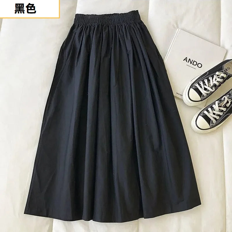 Damen Schwarzer Rock Midi High Waist Korean Style Plissiert A-Linie Vintage Kleidung 2026 Neue Sommer Casual Mode Damen Arbeitskleidung