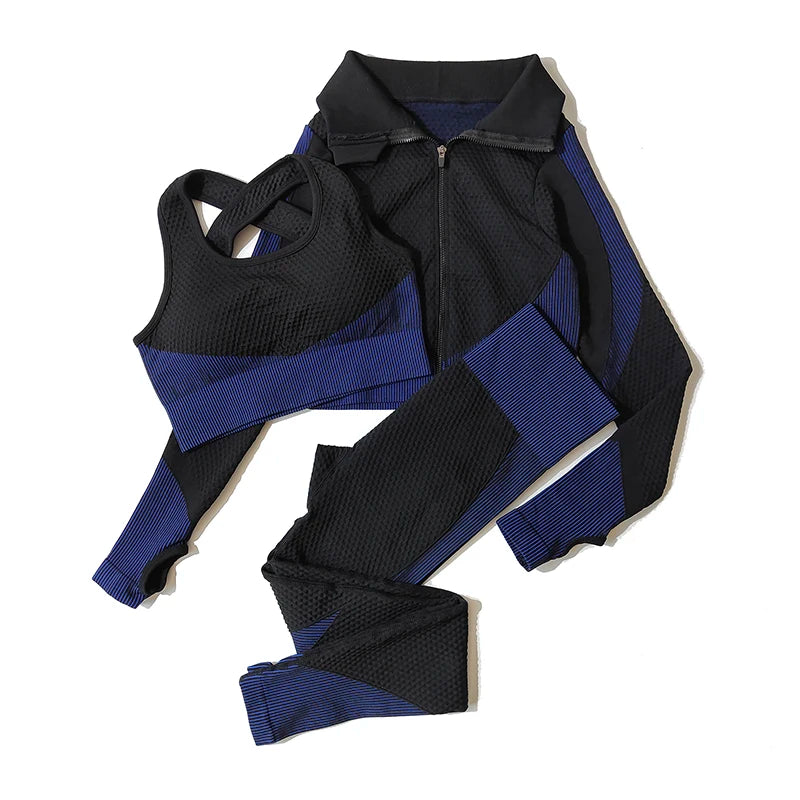2/3tlg Damen Yoga Anzug Nahtlos Gestrickte Yogahose Leggings Kleidung Reißverschluss Langarm Crop Top Fitnesskleidung Sportbekleidung Gym Set
